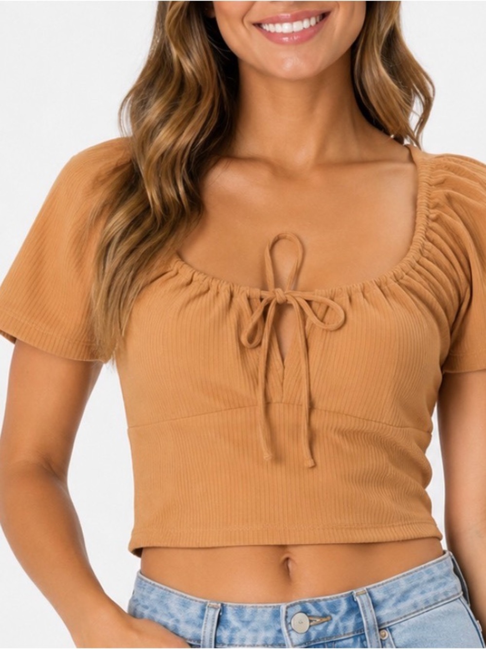 PACSUN Ribbed Tie-Front Crop Top in Mustard SZ LG